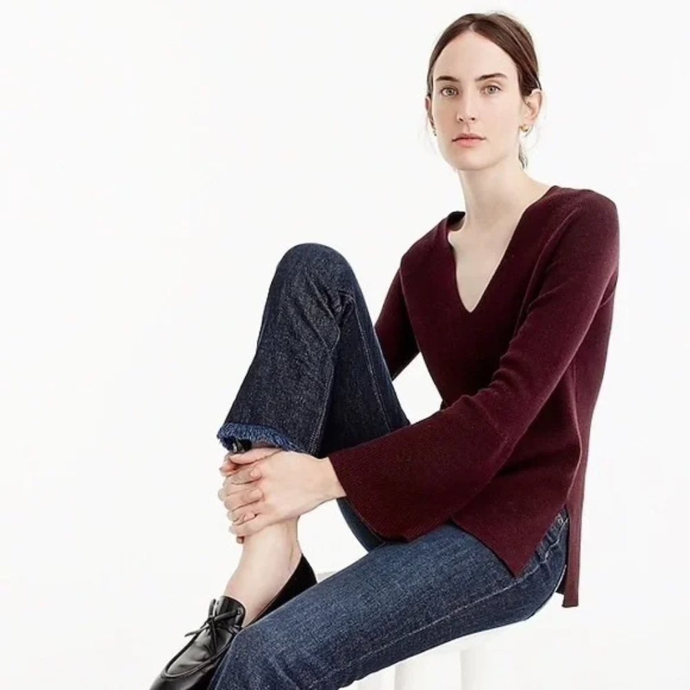 J . Crew Peplum Bell Sleeve V-Neck Wool Blend Sweater - Sz S - Cabernet Red - Picture 2 of 8
